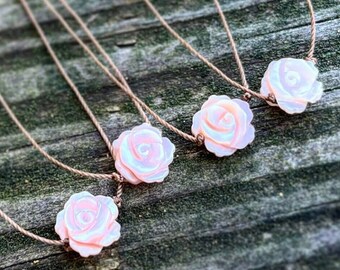 Mother of Pearl Carved Pink Flower Cord Necklace Choker Sterling Silver or Gold Filled Clasp