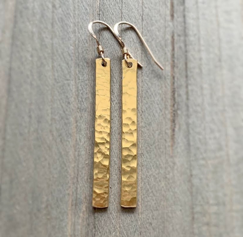 Gold Hammered Bar Earrings . Worn on All American image 6