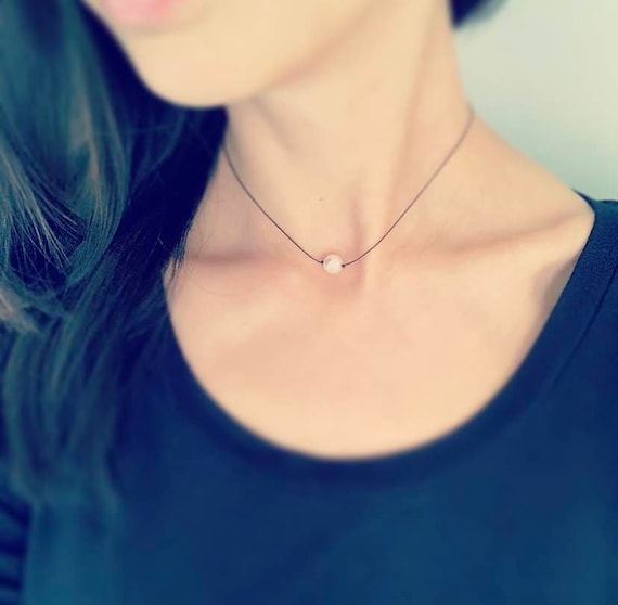 Single Pearl Choker Necklace . Delicate Black Cord . Celestial