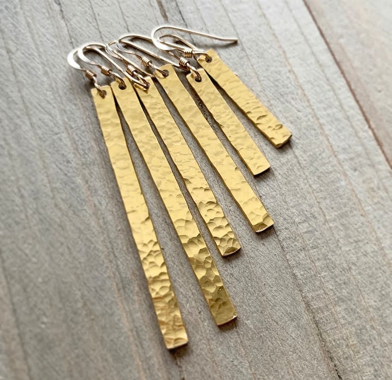 Gold Hammered Bar Earrings . Worn on All American image 2