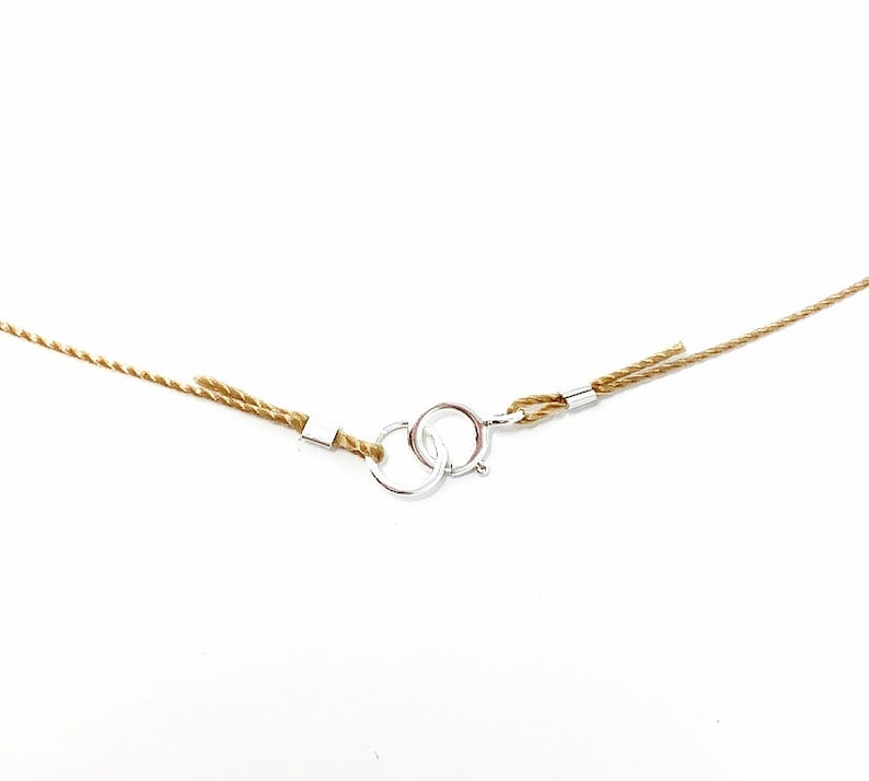 May include: A close-up of a brown cord necklace with a silver clasp. The cord is twisted and has a frayed end.