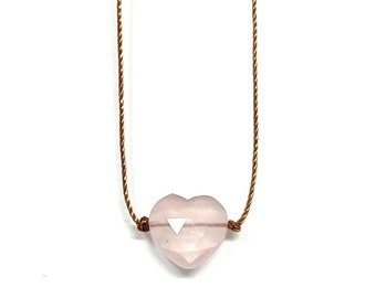 Rose Quartz Faceted Small Heart . Cord . Necklace . Gemstone Choker