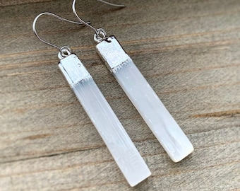 Selenite Bars . Silver Dipped . Crystal Earrings