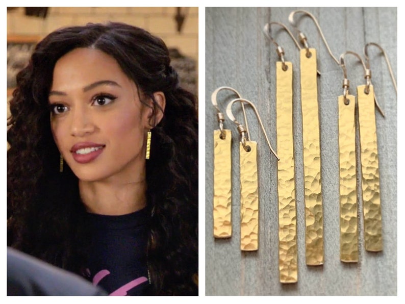 Gold Hammered Bar Earrings . Worn on All American image 1