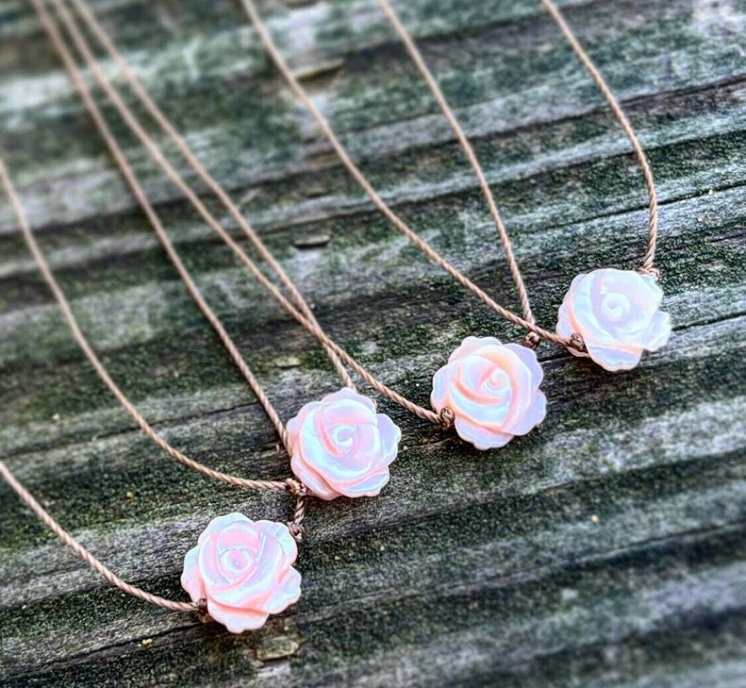 Mother of Pearl Pink Flower Choker: Carved Rose Cord Necklace - Etsy