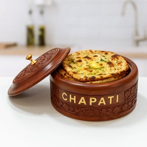 Chapati-doos van sheeshamhout gesneden | met stalen kom, handgemaakt | Houten broodopslag | Rustiek keukengerei | Indiase Roti-doos | Cadeau voor thuis |
