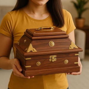 Solid Wooden Jewelry Box with Brass Inlay | Handmade Solid Wood Storage Box | Vintage Rustic Trinket Organizer Gift