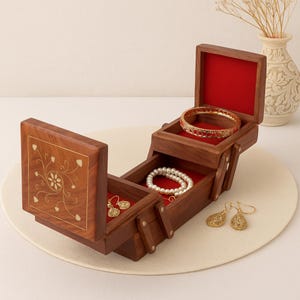 Foldable Floral Carved Wooden Jewelry Box | Handmade Solid Wood Organizer | Antique Brass Inlay Keepsake Storage Gift Box