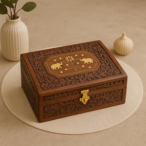 Brass Inlay Wooden Jewelry Box | Handmade Floral Carved Storage Box | Antique Style Solid Wood Keepsake Organizer