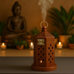 Handmade Sheesham Wood Incense Holder: Carved Smoke Box with Brass Latch