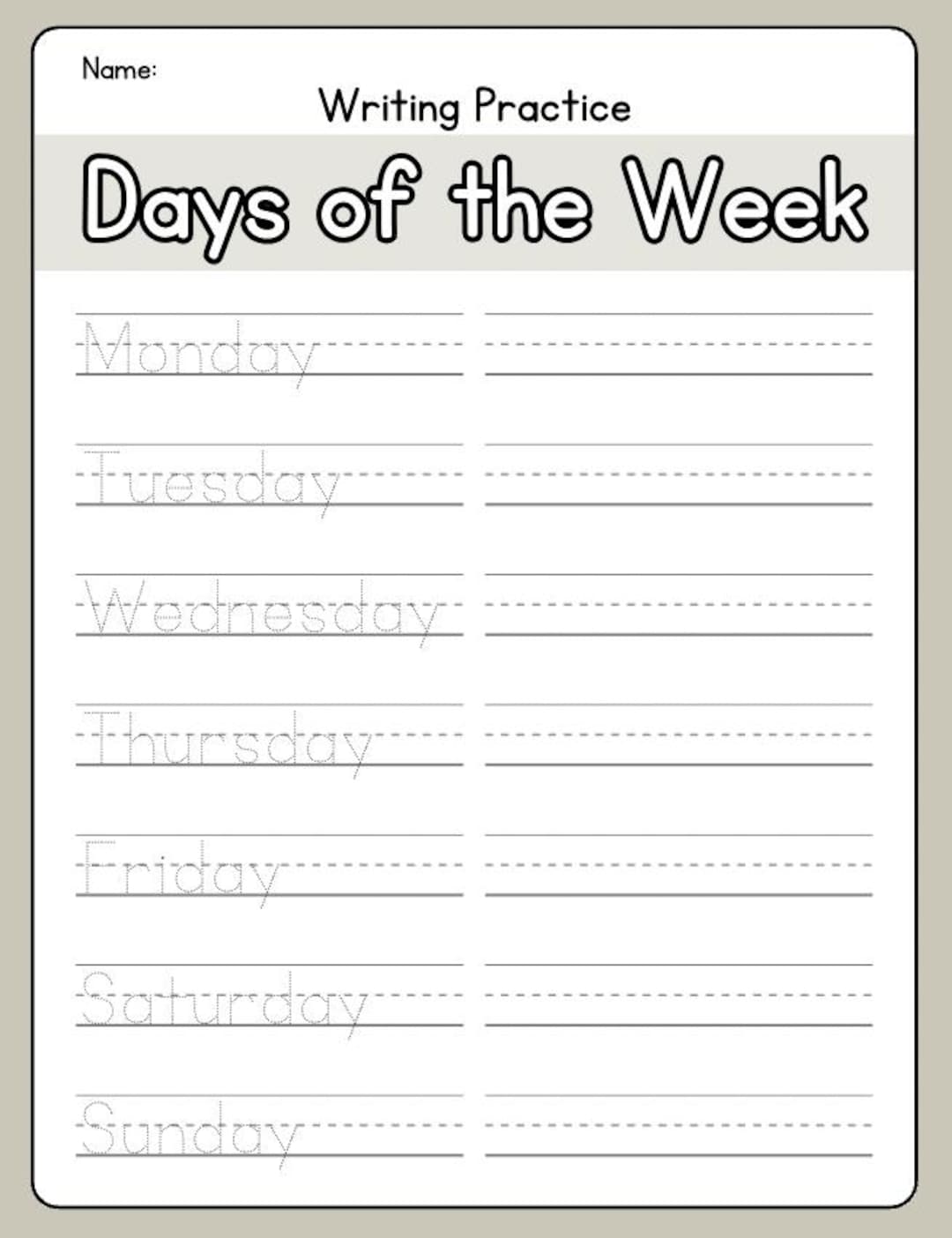 Days of the Week Handwriting Practice: Homeschool Printable (PDF ...