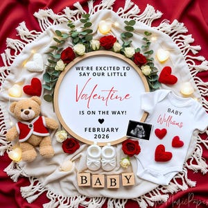 Valentine&#39;s Day Pregnancy Announcement: Red Roses, Hearts (Digital Template Canva Edit