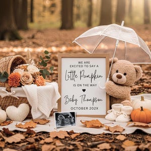 Pode incluir: Uma cena de anúncio de bebê com tema de outono com uma placa que diz "Little Pumpkin is on the way". A cena inclui um ursinho de pelúcia, abóboras, uma cesta de flores, sapatos de bebê e uma foto de ultrassom, tudo em um leito de folhas de outono.