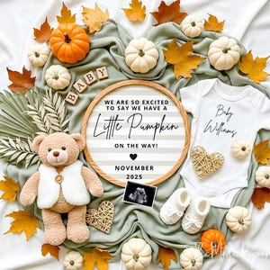 Fall Pregnancy Announcement: Pumpkin & Leaves Social Media Reveal (Digital Download Canva Template)