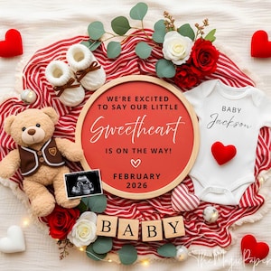 Valentine&#39;s Day Pregnancy Announcement: February Baby Reveal, Editable Canva Template (Digital Download)