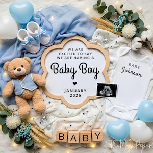 Boy Pregnancy Announcement: Blue Social Media Template (Canva Digital Download
