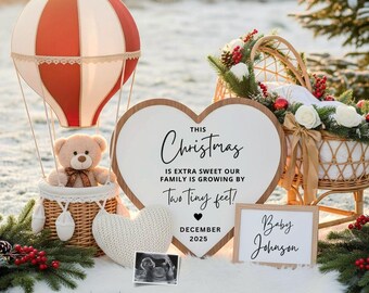 Annuncio di gravidanza digitale per Natale, annuncio di nascita invernale, annuncio neutro di nascita, modello modificabile per annuncio natalizio Canva