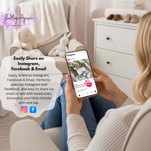 May include: A person holding a smartphone displaying an Instagram post with baby shoes and flowers. The phone is gold-colored. Text on the image reads "Easily Share on Instagram, Facebook & Email" and "Announce your little miracle with one tap."