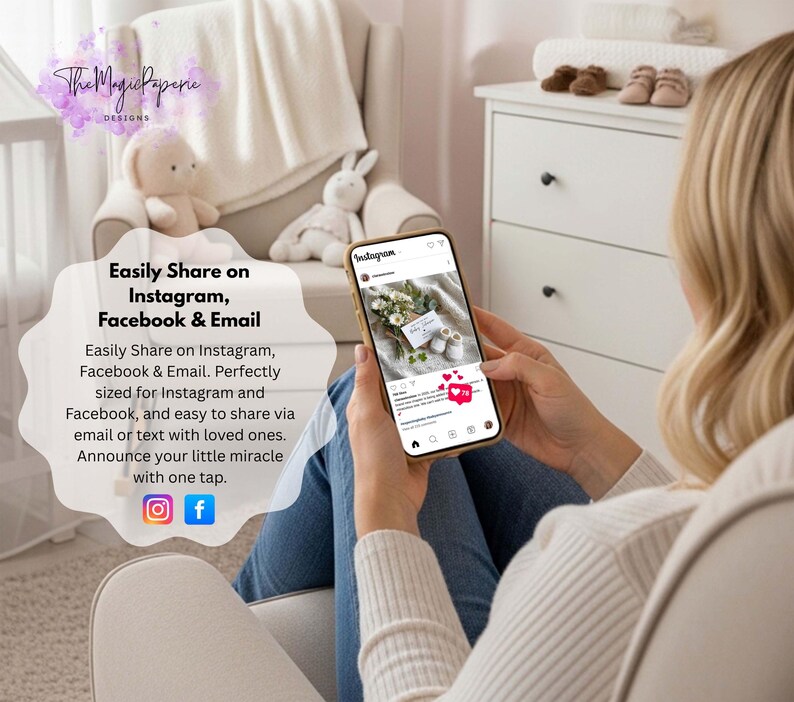 May include: A person holding a smartphone displaying an Instagram post with baby shoes and flowers. The phone is gold-colored. Text on the image reads "Easily Share on Instagram, Facebook & Email" and "Announce your little miracle with one tap."