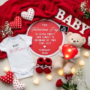 Valentine&#39;s Day Digital Pregnancy Announcement, Baby Announcement, February Baby Reveal, Gender Reveal Boy Girl Social Media Canva Template