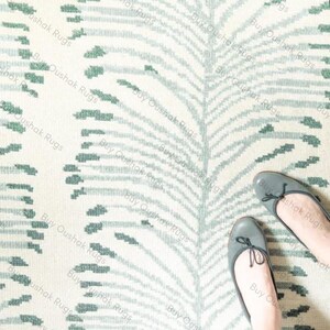 Ivory Green Hand Knotted Wool Rug Minimal Oushak Style Repeating Palm Leaf Pattern Soft Botanical Design Neutral Traditional Area Rug