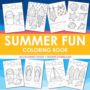 Fun in the Sun Coloring Book - Summing Coloring Book Page Set - Instant Download - Beach Party - Kids Coloring Pages - Summer Activities