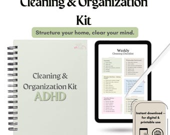May include: A cleaning and organization kit with the text "Cleaning & Organization Kit ADHD" on a spiral-bound notebook. A tablet displays a weekly cleaning checklist. The image includes the text "Structure your home, clear your mind."