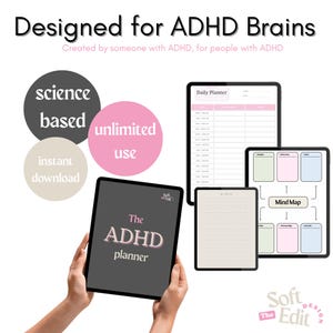 May include: Digital ADHD planner with a dark gray cover, held by hands. The planner includes a daily planner, a notes page, and a mind map. Text on the cover reads "The ADHD planner." Additional text includes "Designed for ADHD Brains" and "science based."