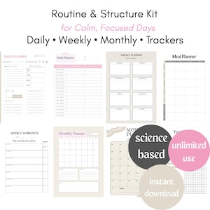 Peut inclure: Ensemble de planificateurs et de trackers imprimables pour une utilisation quotidienne, hebdomadaire et mensuelle. L'image comprend un planificateur quotidien, hebdomadaire, de repas, un plan d'entraînement et un calendrier mensuel. Le texte comprend "Routine & Structure Kit".