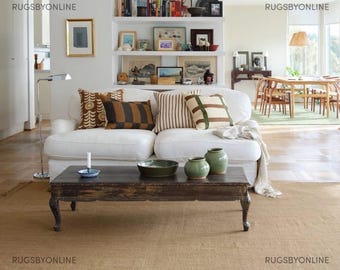 Handgewebter Beige Flachgewebe Teppich mit Fransen Neutraler Einfarbiger Teppich für Wohnzimmer Schlafzimmer Moderne Minimalist oder Designer Home Decor