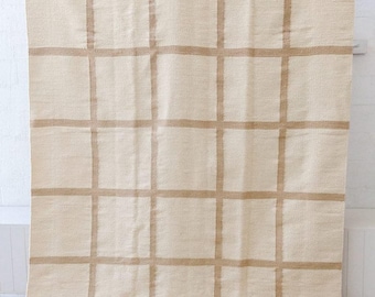 Handwoven Flatweave Wool Rug with Soft Beige Grid Pattern, Minimal Modern Check Design, Neutral Cream Area Rug for Living Room Bedroom Home