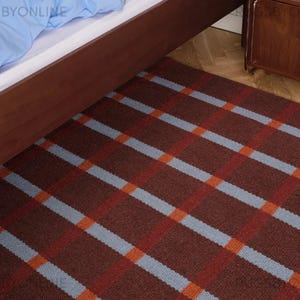 Handwoven Flatweave Wool Rug Deep Rust Brown Base Plaid Grid Area Rug with Burnt Orange Line Light Blue Check Pattern Modern Living Room Rug