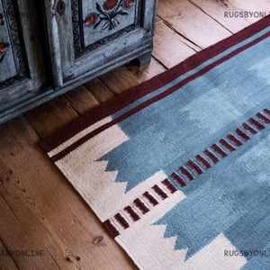 Hand Woven Wool Flatweave Rug Blue Cream and Burgundy  Trible Stripe Premium Style Pattern Bohemian Modern Wool Rug Bespoke Custom Rugs 8x10