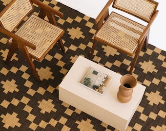 Handwoven Flatweave Rug with Dark Brown and Beige Geometric Diamond Pattern, Tribal Style Wool Area Rug for Living Room Bedroom Rustic Home