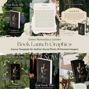 Może przedstawiać: Grafika promocyjna na premierę książki, z okładką i elementami tekstowymi. Projekt zawiera tytuł "Your Book Title" i frazę "Available Now". Motywem przewodnim jest "Green Romantasy Garden".