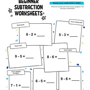 10 Pages Beginner Subtraction Math Worksheets - Basic Practice for Kids Ages 4-6 PDF Instant Download
