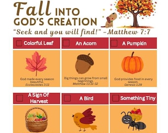 Puede incluir: Un gráfico colorido con temática otoñal con el texto "Fall into God's Creation". Presenta ilustraciones de una hoja, una bellota, una calabaza, una cesta de cosecha, un pájaro, una hormiga, rayos de sol, una nube suave y dos personas. Se incluyen versículos bíblicos.
