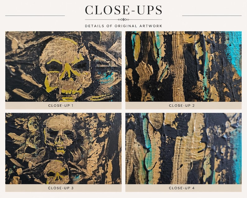 May include: A four-part collage of close-up images showing original artwork with a black, gold, and teal color palette. The panels feature textured paint strokes and detailed depictions of human skulls rendered in metallic gold against black.