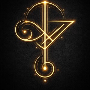 May include: A glowing gold geometric design on a black background. The design features a circle, a triangle, and a vertical line with swirls and small star-like accents. The lines are illuminated, creating a striking visual effect.
