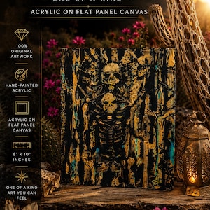 May include: An 8 by 10 inch acrylic painting on a flat panel canvas titled BURIED GOLD. The artwork features a textured black, gold, and teal abstract composition depicting two stacked skulls and skeletal forms with thick, layered paint strokes.
