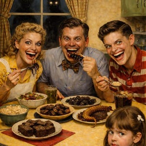 May include: A family is gathered around a table, enjoying a meal. The scene is set in a kitchen with a window showing shadowy figures. The table is laden with food, and the family members are smiling and laughing. The overall theme is a surreal family dinner.