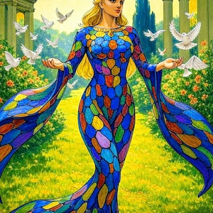 May include: Printable wall art featuring a woman in a mosaic-style dress, surrounded by doves. The artwork has a vibrant color palette with blues, yellows, and greens. Text on the image reads "Printable Wall Art", "Instant Download", and "Up to 24x36".