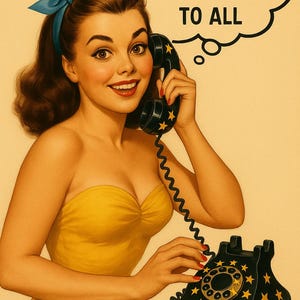 Op de afbeelding: Retro-illustratie van een vrouw in een gele jurk die een zwarte telefoon met gouden sterren gebruikt. Een tekstballon erboven luidt: "BREAKING THE CODE... DELIVERING IT TO ALL".