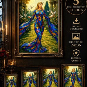 以下が含まれることがあります： カラフルなガウンを着た女性と鳩が描かれた、フレーム入りのプリントの、印刷可能なウォールアート。テキストには「Printable Wall Art」、「5つの高解像度JPGファイル」、「インスタントダウンロード」、サイズ8x10、11x14、16x20、18x24が含まれています。