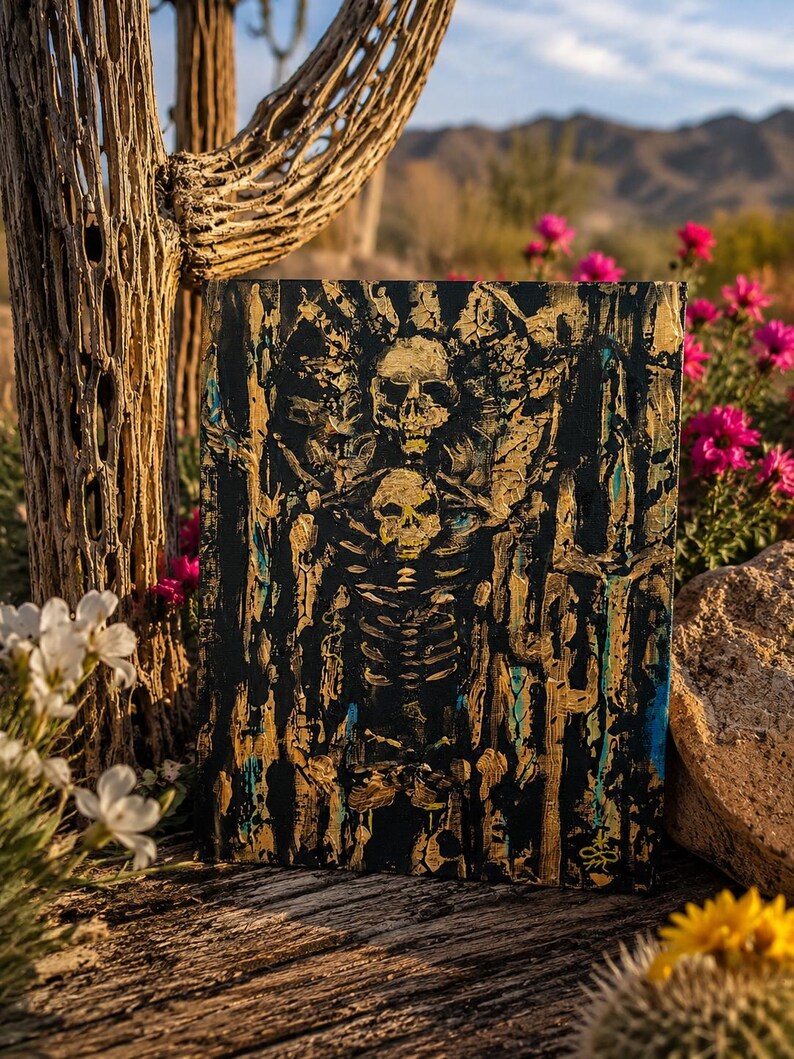 May include: A rectangular canvas painting featuring a textured black background with gold and blue paint accents. The artwork depicts a central skeletal figure with a skull and ribcage, surrounded by abstract vertical lines and organic shapes.