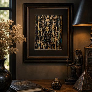 May include: A framed rectangular artwork featuring a central skeletal figure in black, gold, and teal paint. The piece is enclosed in a dark, ornate wooden frame with a black mat, showcasing textured brushstrokes and a detailed skull and ribcage motif.