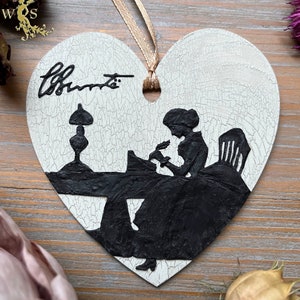 Bronte Sisters Ornament: Handmade Literary Gift, Aged Wooden Heart