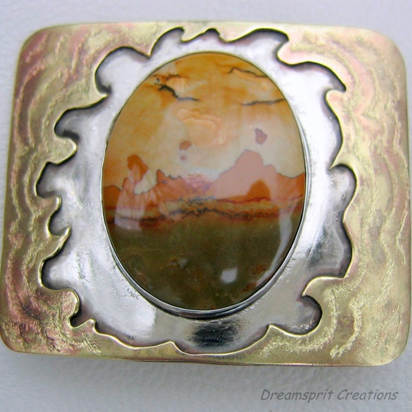 Belt Buckle, Sterling Silver and Brass, Hand Fabricated, Owyhee Picture Jasper Cabochon
