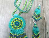 Beaded Mandala Necklace and Earrings Set, Regalia, Turquoise, Native American Inspired