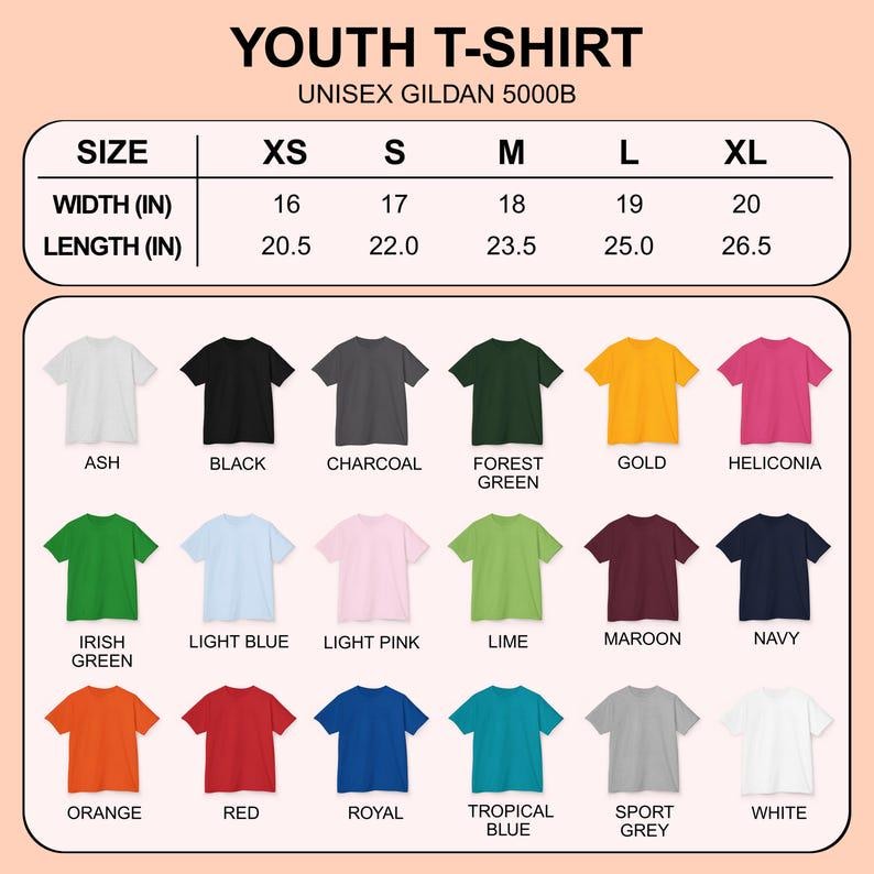 Op de afbeelding: Een kleurenkaart met jeugd-T-shirts in verschillende tinten, waaronder asgrijs, zwart, houtskool, bosgroen, goud en heliconia. De tabel toont de breedte- en lengtematen in cm voor de maten XS tot XL.